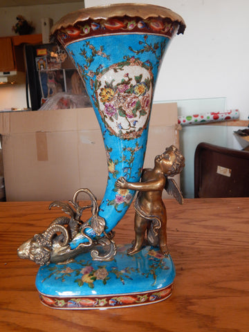 Sevres Porcelain - Blue Cornucopia Vase French w/ Gilt Bronze Ormolu Cherub