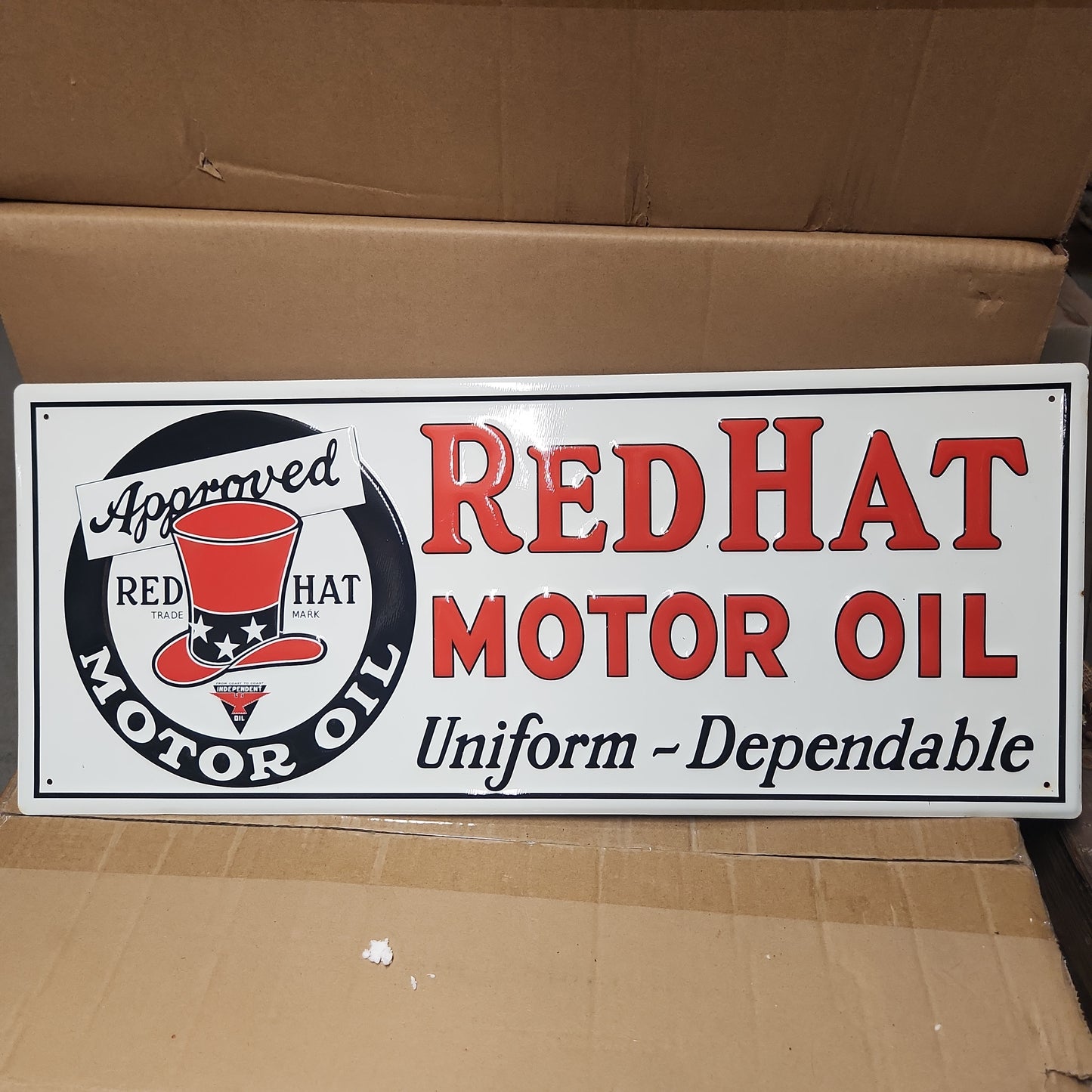 Red hat motor oil automotive advertising sign