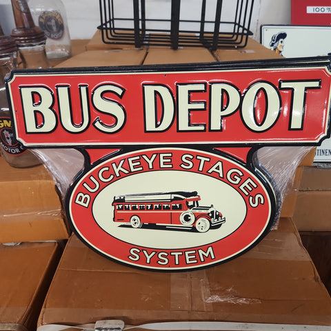 Bus depot automotive advertising sign.