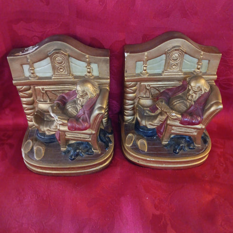 Reading Grandfather and Dog Ceramic Pair of Bookends