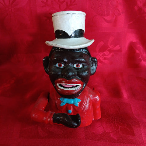 Cast Iron Mechanical Bank - Small Red Jolly Boy w/ Hat