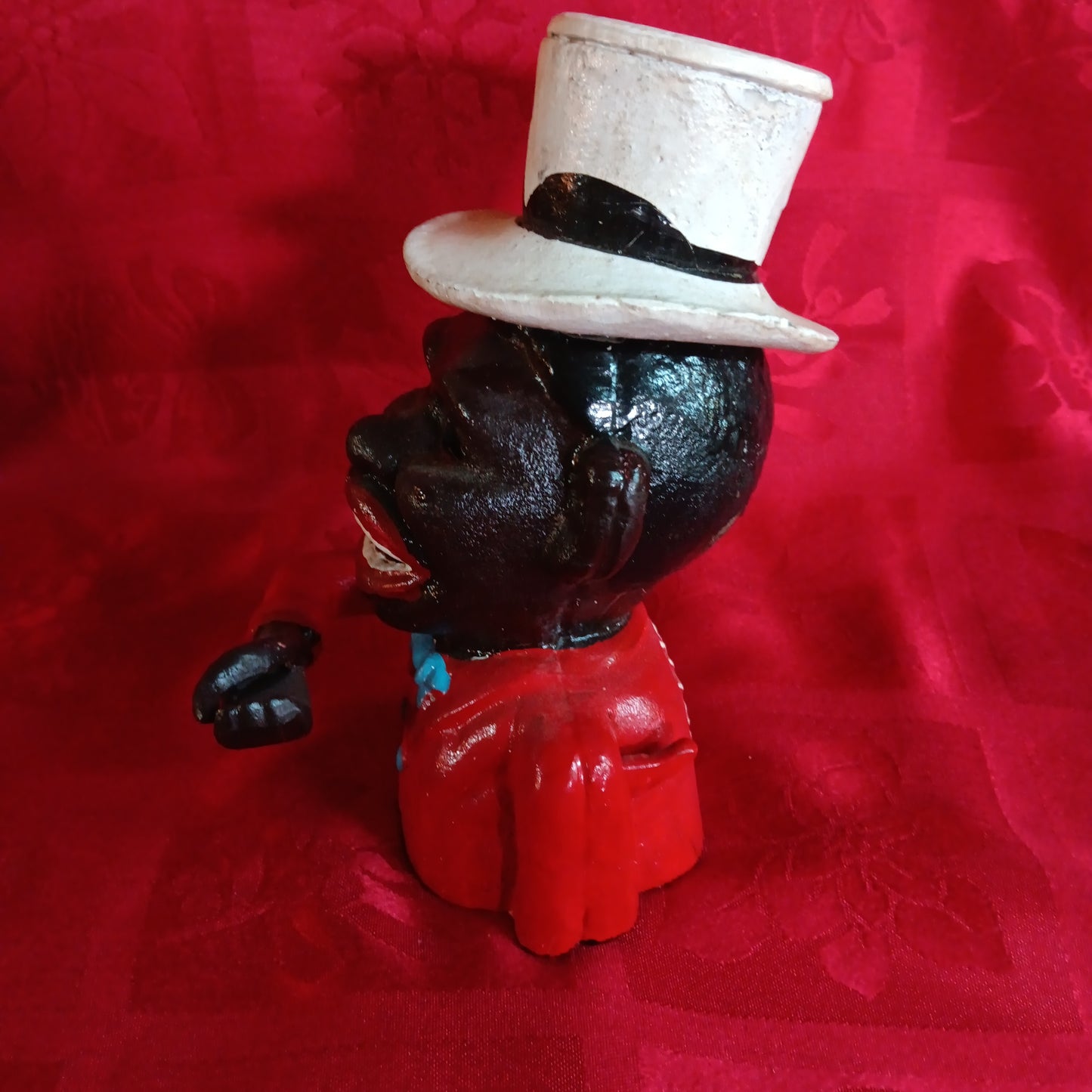 Cast Iron Mechanical Bank - Small Red Jolly Boy w/ Hat