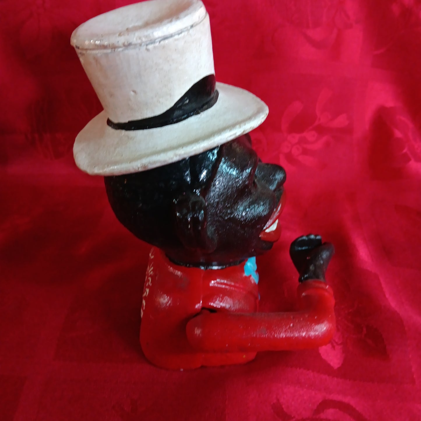 Cast Iron Mechanical Bank - Small Red Jolly Boy w/ Hat