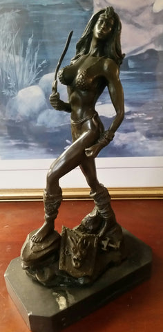 Bronze Figurine - Lady Warrior on Marble Base