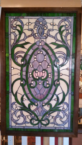 Glass Window - Stained Leaded Wood Frame Victorian w/ round Jewel and Green Border Design