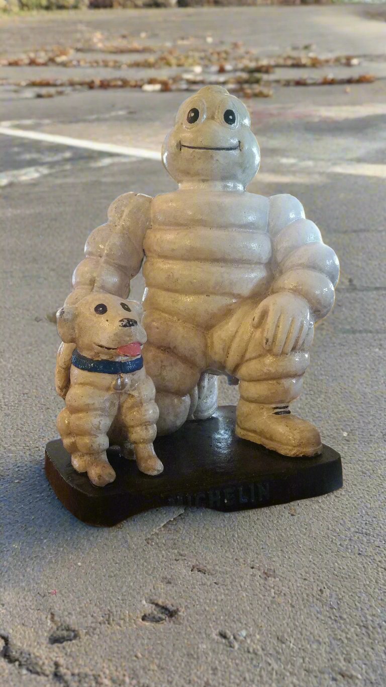 Michelin  Figurine -Cast Iron Michelin Man Kneel w/ Michelin Dog