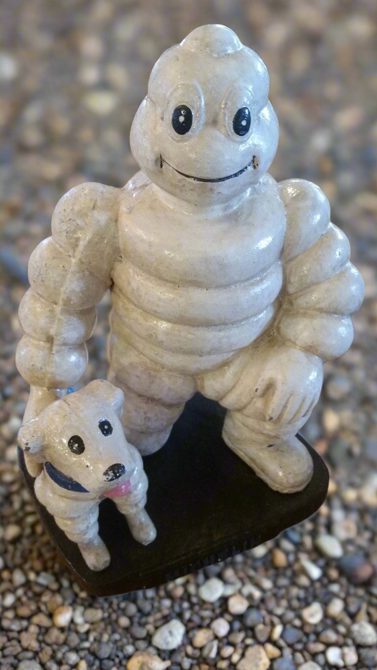 Michelin  Figurine -Cast Iron Michelin Man Kneel w/ Michelin Dog