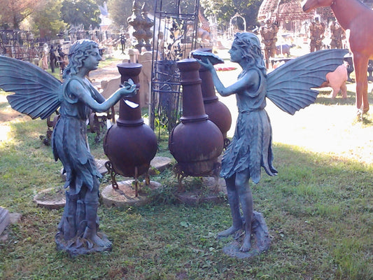 Cast Iron Statue - Pair of Green Pixie Fairy