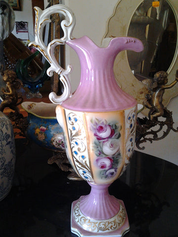 Porcelain - Pink Pitcher Vase w/ Flower Hand Painted