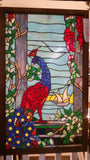 Glass Window - Stained Leaded Wood Frame Peacock Design