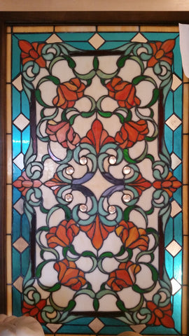 Glass Window - Stained Leaded Wood Frame Victorian w/ Flowers Design