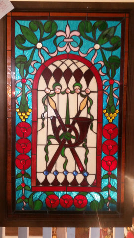 Glass Window - Stained Leaded Wood Frame Cross Spear w/ French Horn