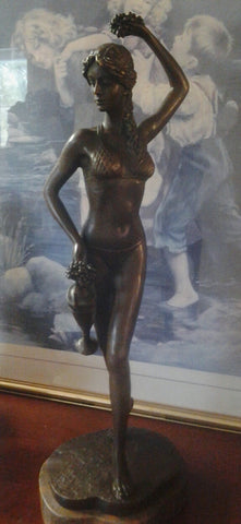 Bronze Figurine - Lady In Bikini w/ Grapes on Marble Base
