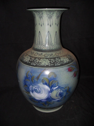 Porcelain - Vase Floral Painted Vase / Urn with Crackle Finish
