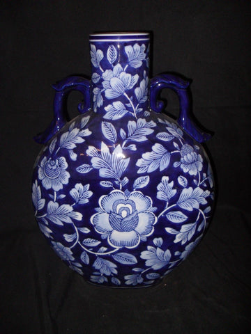 Porcelain - Vase Cobalt Porcelain Floral w/ Crazed Finish