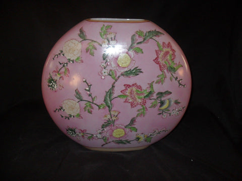 Porcelain - Pink Floral Painted Porcelain Moon Vase / Urn