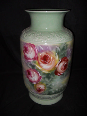 Porcelain - Vase Floral Painted w/ Crackle Finish / Raised Decorative Trim Umbrella Stand