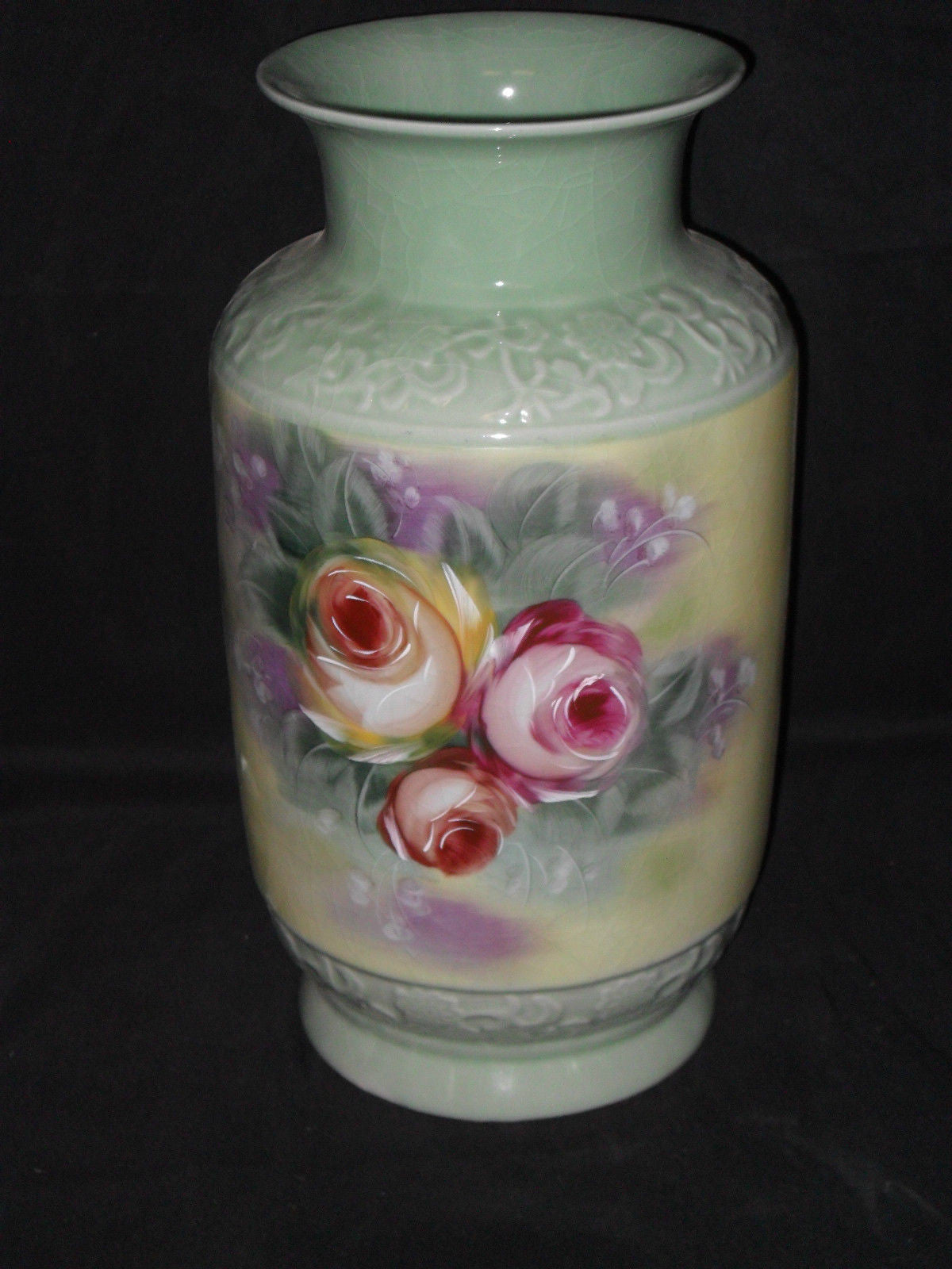 Porcelain - Vase Floral Painted w/ Crackle Finish / Raised Decorative Trim Umbrella Stand