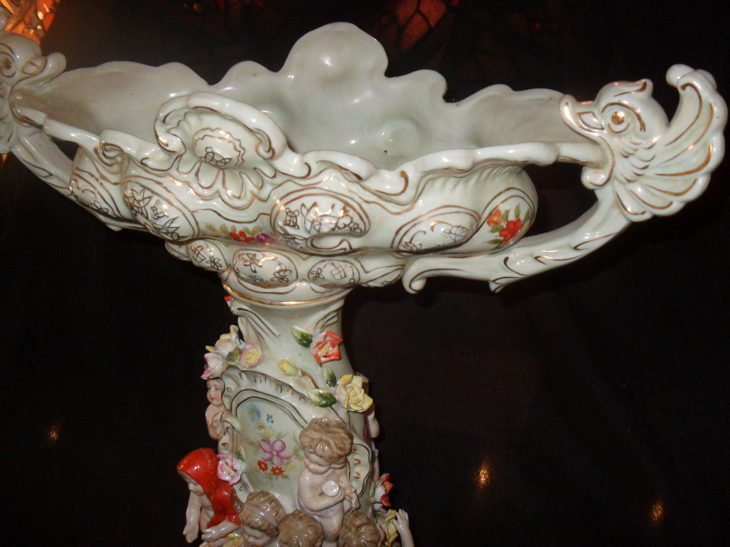 Porcelain Dresden - Centerpiece w/ Cherubs and Raised Flowers-Jantiques LLC.