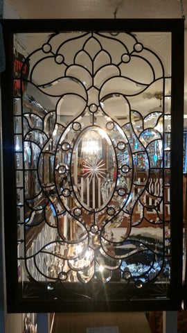﻿﻿Glass Window - Stained Leaded Wood Frame Clear Glass w/ Beveled Edge Design