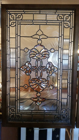 Glass Window - Stained Leaded Wood Frame Clear Glass w/ Geometry Beveled Design
