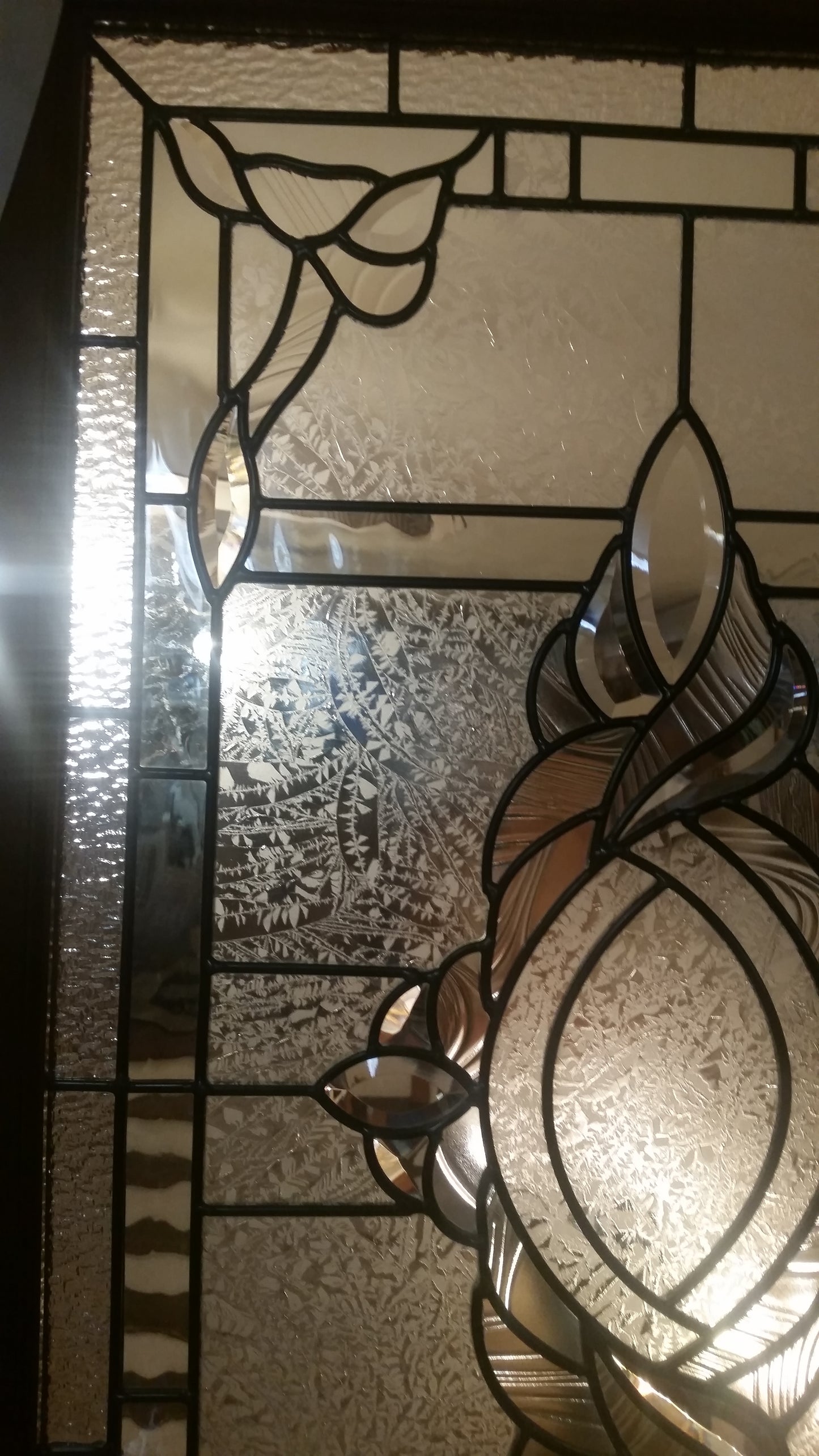 Glass Window - Stained Leaded Wood Frame Clear Glass w/ Twirl Beveled Design