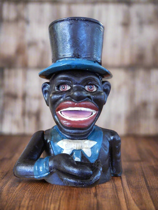 Cast Iron Mechanical Bank - Blue Suit Black Americana Man with Top Hat