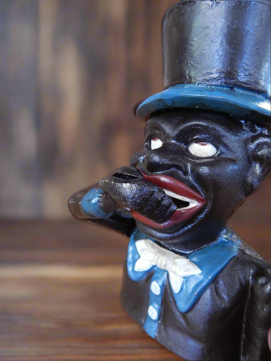 Cast Iron Mechanical Bank - Blue Suit Black Americana Man with Top Hat