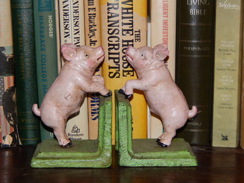 Bookends -Cast Iron Pair Vintage Style Pink Pig