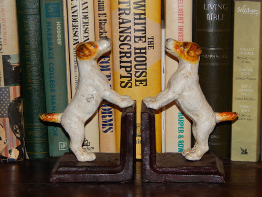 Bookends -Cast Iron Pair White Vintage Jack Russell Terrier