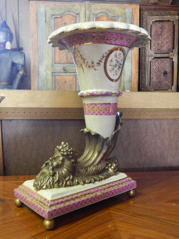 Sevres Porcelain- Pink Cornucopia Vase French w/Gilt Bronze Ormolu God/Neptune