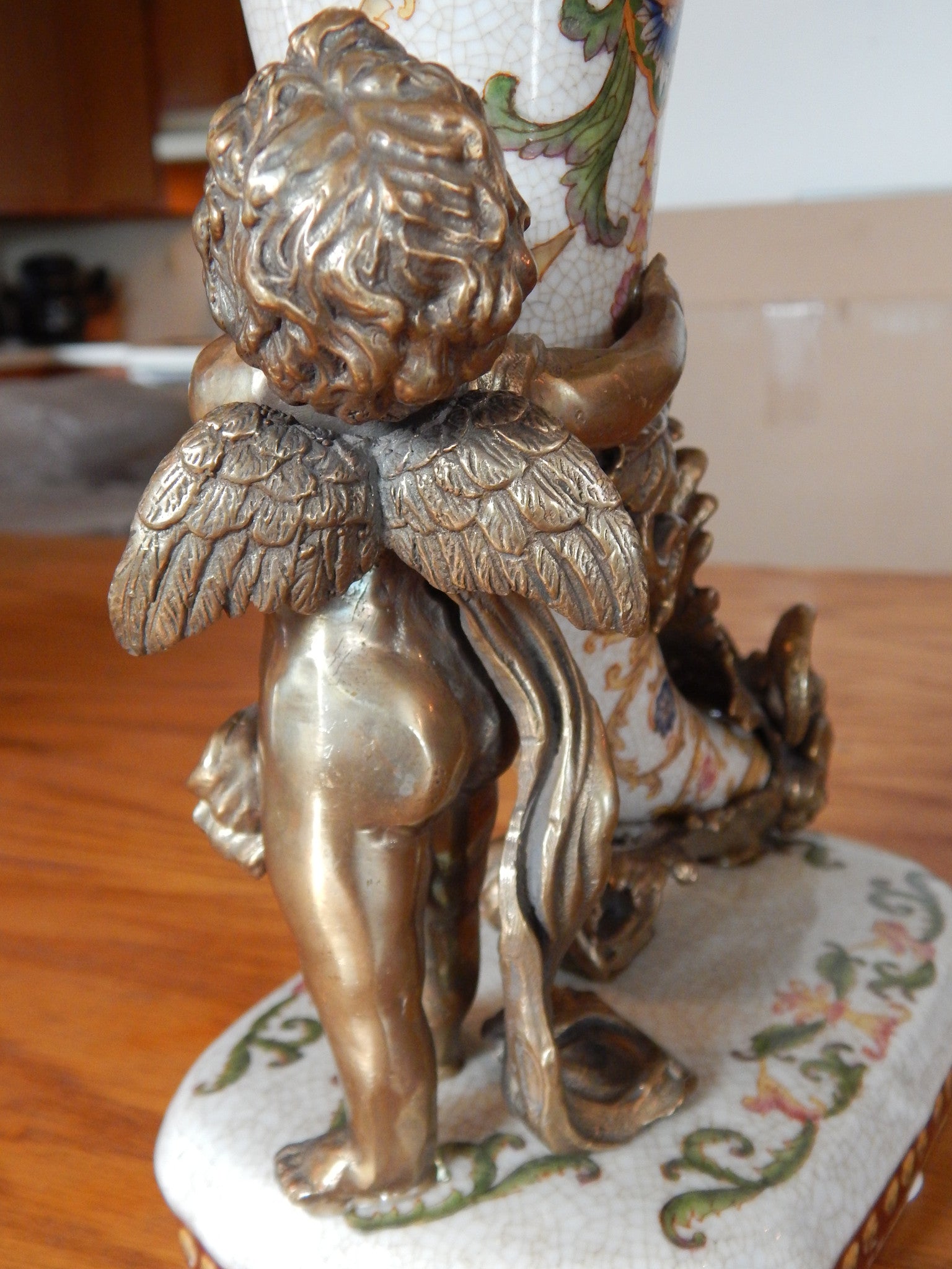 Sevres Porcelain - Green Cornucopia Vase French w/ Gilt Bronze Ormolu Cherub-Jantiques LLC.