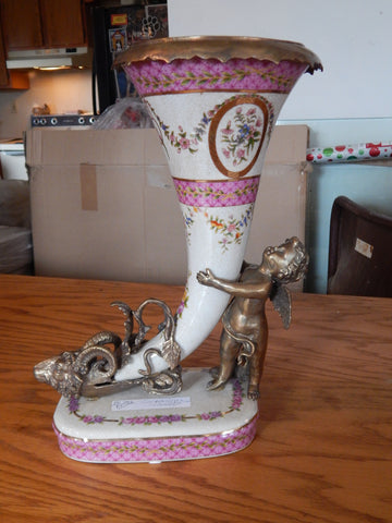 Sevres Porcelain - Pink Cornucopia Vase French w/ Gilt Bronze Ormolu Cherub