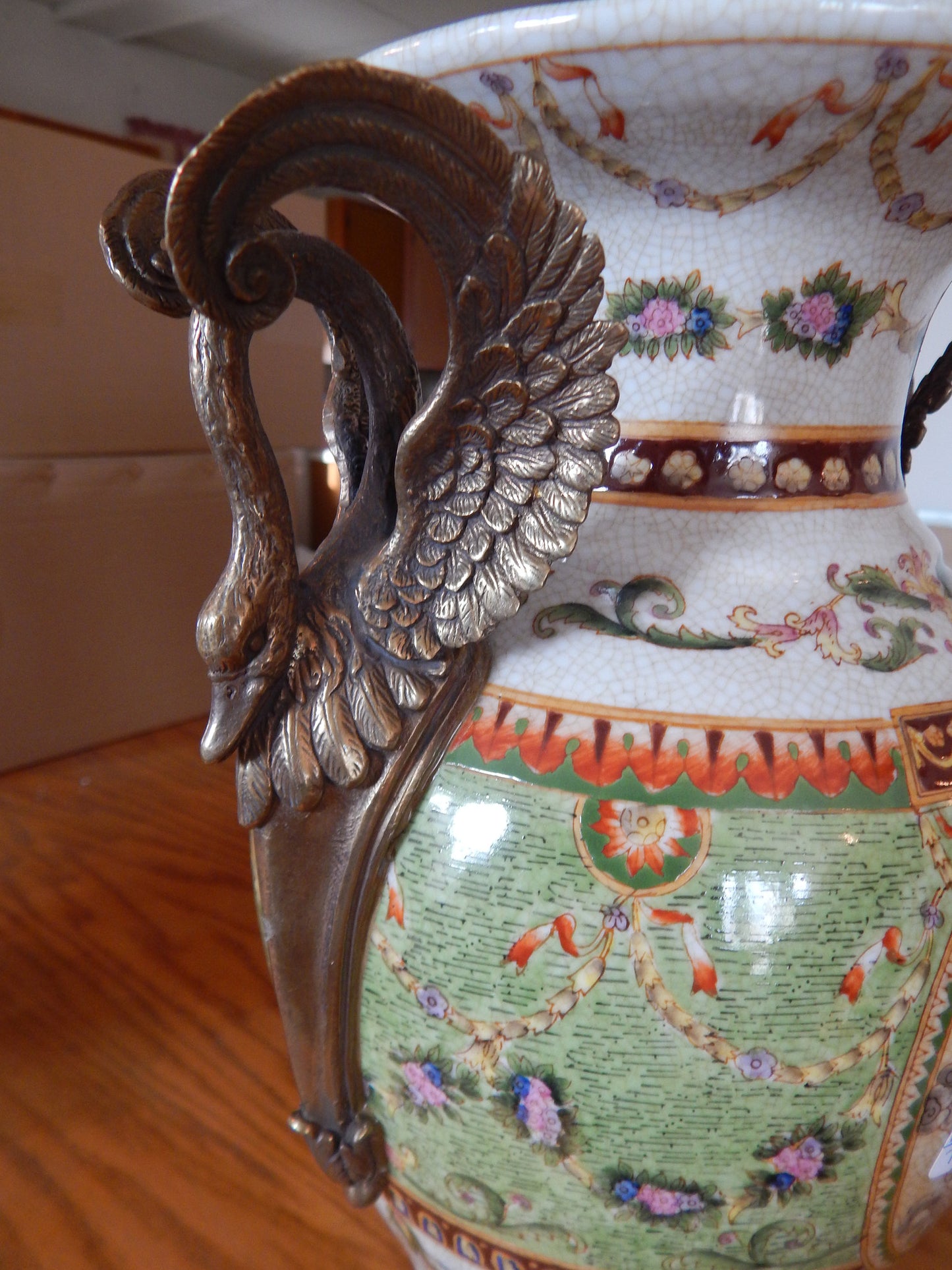 Sevres Porcelain - Green Vase French w/ Gilt Bronze Ormolu Swan Handles-Jantiques LLC.