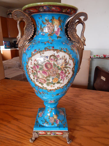 Sevres Porcelain - Blue Vase French w/ Gilt Bronze Ormolu Swan Handles