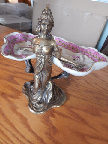 Sevres Porcelain - Pink Dish French w/ Gilt Bronze Ormolu Lady Standing