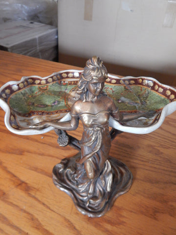 Sevres Porcelain -Green Dish French w/ Gilt Bronze Ormolu Lady Standing
