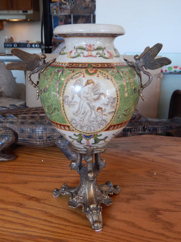 Sevres Porcelain - Green Vase French w/ Gilt Bronze Ormolu Dragonfly Handles