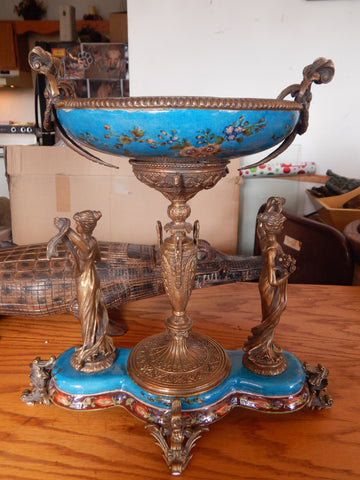 Sevres Porcelain - Blue Bowl French w/ Gilt Bronze Ormolu Ladies