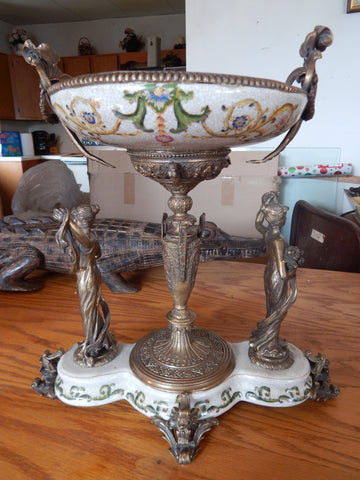 Sevres Porcelain - Green Bowl French w/ Gilt Bronze Ormolu Ladies