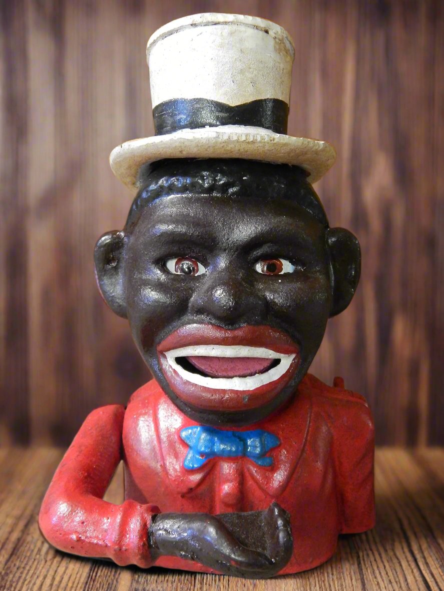 Cast Iron Mechanical Bank -  Red Suit Black  Americana Man with Top Hat