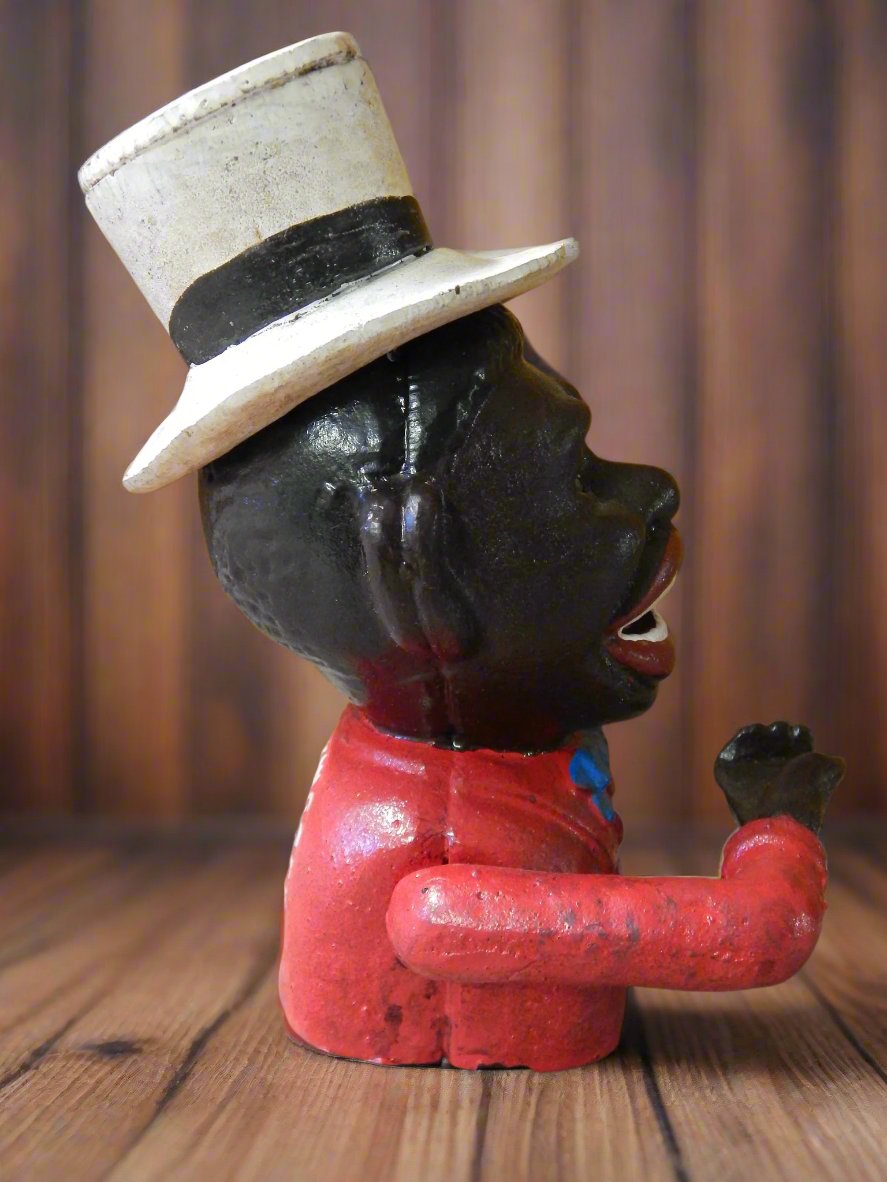 Cast Iron Mechanical Bank -  Red Suit Black  Americana Man with Top Hat