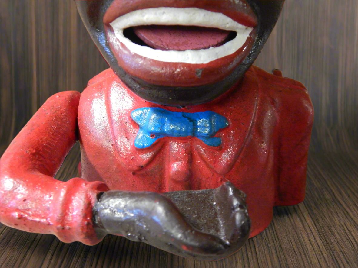 Cast Iron Mechanical Bank -  Red Suit Black  Americana Man with Top Hat