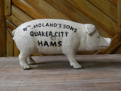 Pig  Bank -Cast Iron  "Wm Moland's Sons Quaker City Hams" Blue Advertising