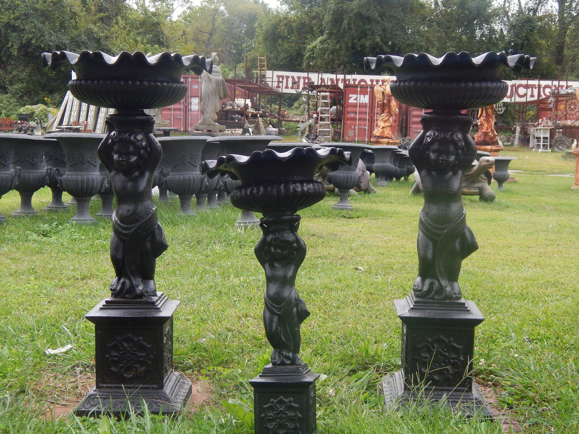 Urns Cast Iron - Pair Short Black Cherub-Jantiques LLC.