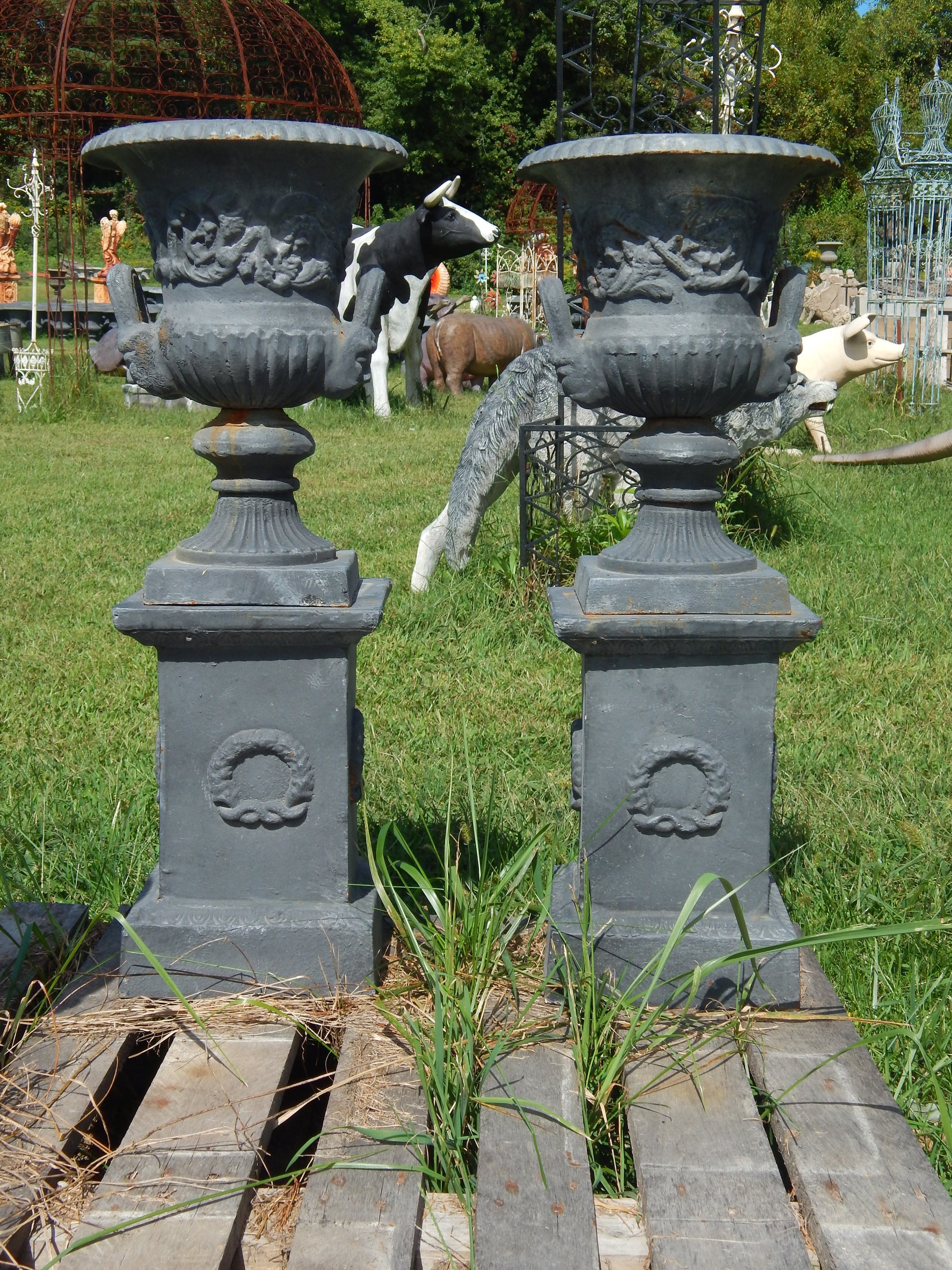 Urn Cast Iron -Pair 2 Face Handle-Jantiques LLC.