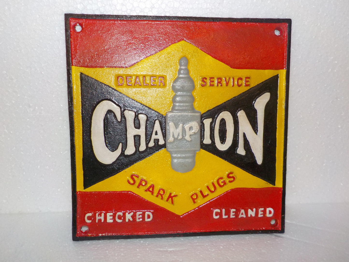 Cast Iron Sign - "Champion Spark Plugs Checked Cleaned"