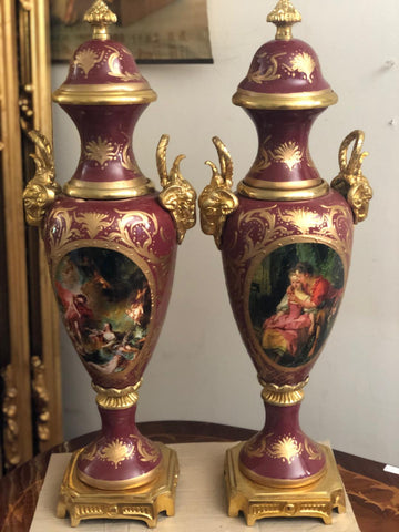 Red french sevres porcelain and bronze urns