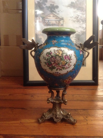 Sevres Porcelain - Blue Vase French w/ Gilt Bronze Ormolu Dragonfly Handles