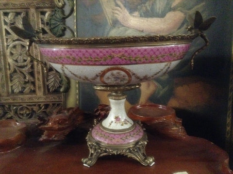Sevres Porcelain - Pink French Style Bowl w/ Gilt Bronze Dragonfly Handle